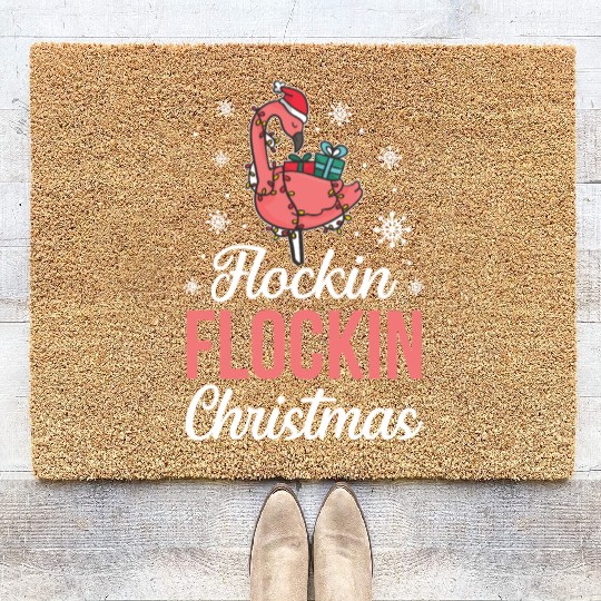 Christmas Pink Flamingo Flockin Xmas Holiday Gift Coir Doormats