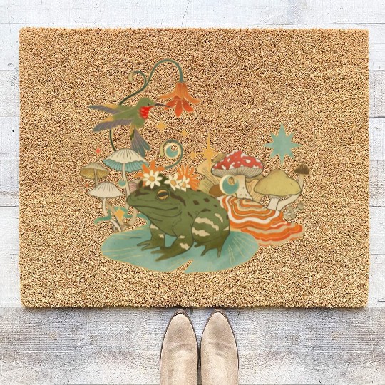 Cottagecore with frog, mushrooms and hummingbird Coir Doormats