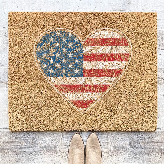 US Patriotic Heart with US FLAG 4th of july Coir Doormats