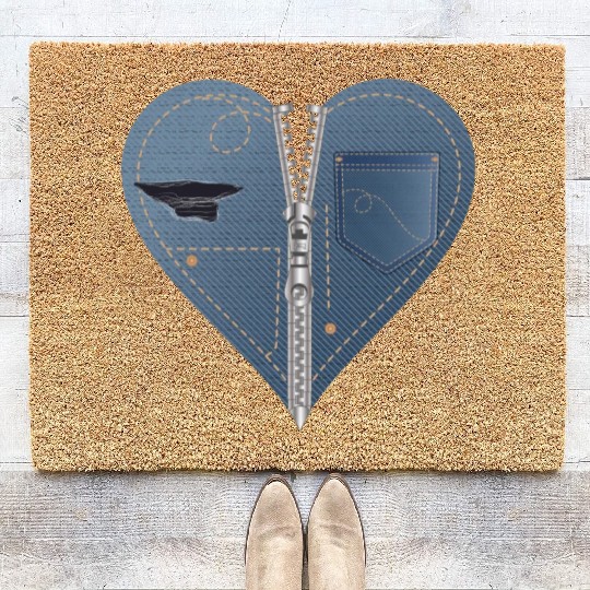 light blue heart in jeans look with zipper Coir Doormats