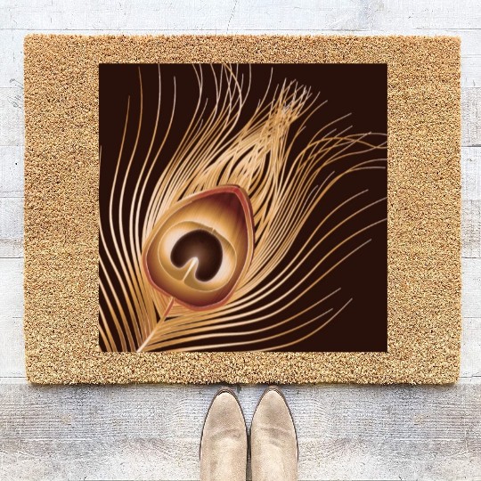 hand drawn gold colored peacock feather Coir Doormats