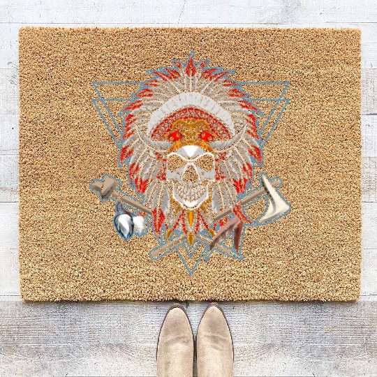 Native American Chief Skull Axe Coir Doormats