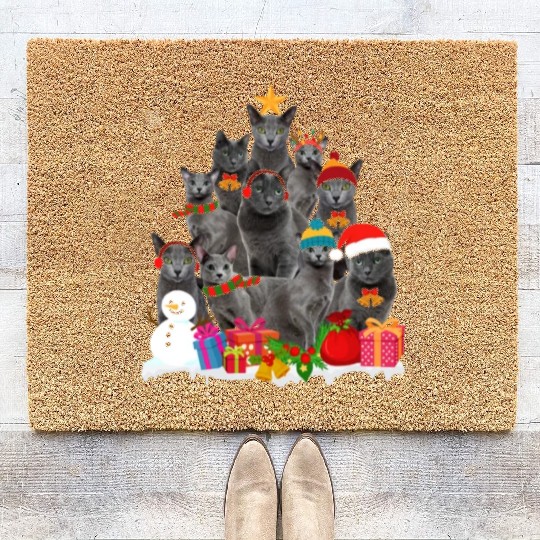 Funny Russian Blue Christmas Tree Pet Cat Lover Coir Doormats