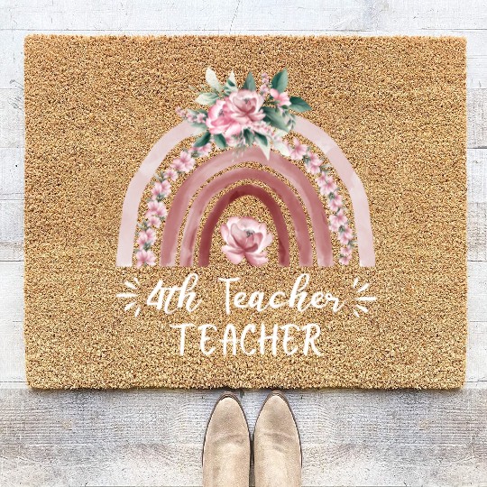 4th grade teacher floral rainbow back to school Coir Doormats