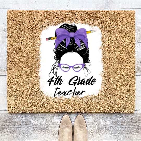 4th grade teacher messy bun back to school funny Coir Doormats