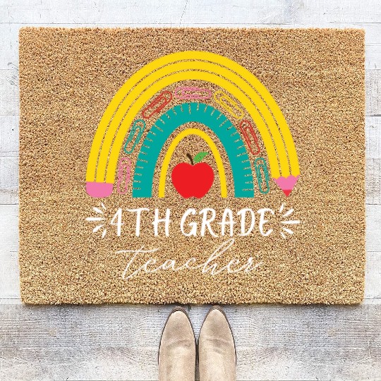 4th grade teacher back to school rainbow pencil Coir Doormats