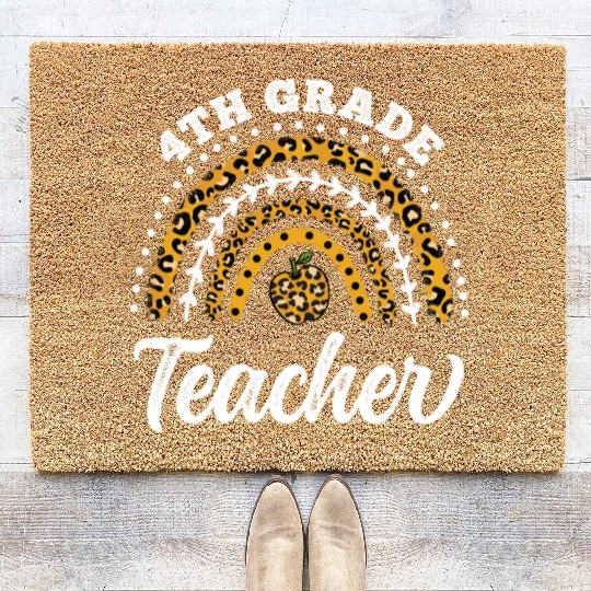 4th Grade Teacher Leopard Rainbow Back To School Coir Doormats