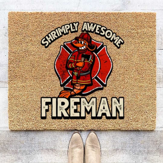 Funny Shrimp/Prawn Pun. Shrimply Awesome Fireman Coir Doormats