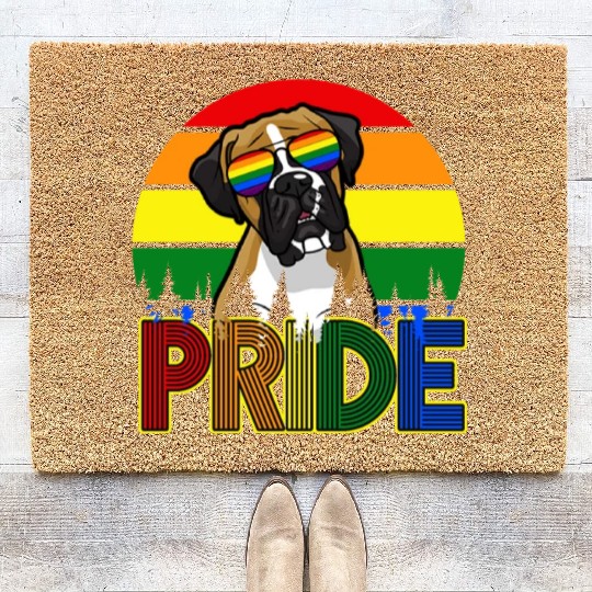 PRIDE Rainbow Boxer Dog with Sunglasses LGBT Gay Coir Doormats