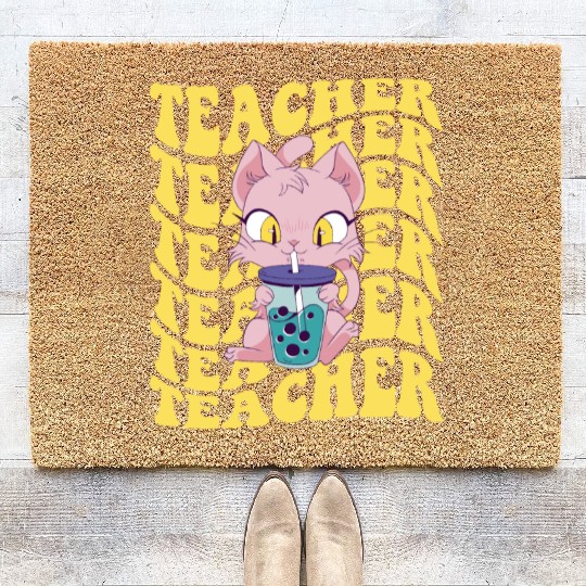 Boba Tea Teacher Retro Groovy Back To School Coir Doormats