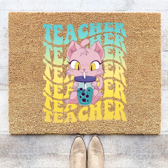 Boba Tea Teacher Kawaii Cat Groovy Back To School Coir Doormats