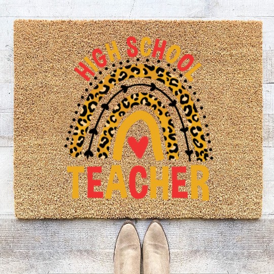 Back To School Leopard High School Teacher Rainbow Coir Doormats