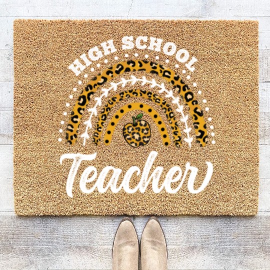 High School Teacher Leopard Rainbow Back To School Coir Doormats