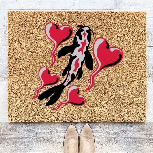 hearts koi fish nishikigoi Coir Doormats