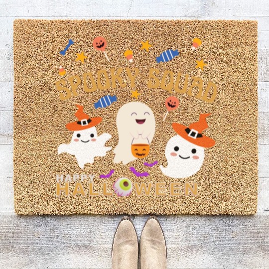 Happy Halloween, Spooky Squad, Cute Ghosts Design Coir Doormats