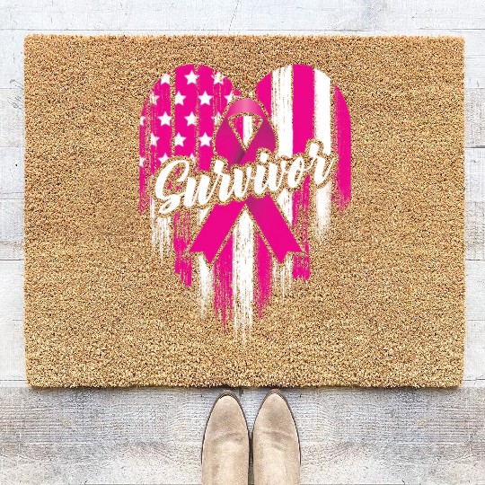 Breast Cancer Survivor Pink Ribbon American Flag Coir Doormats