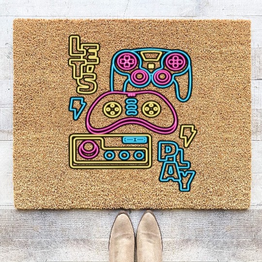 Vintage Neon Lets Play Funny Gamer Trendy Coir Doormats