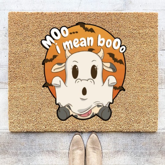 Moo I Mean Boo Ghost Cow Pumpkin Moon Lazy Coir Doormats