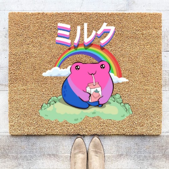 Kawaii Frog Strawberry Milk Bisexual Pride Flag Coir Doormats