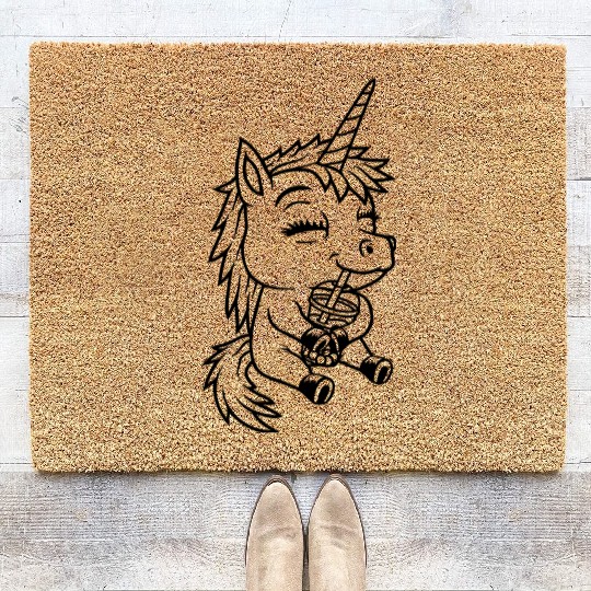unicorn drinking boba tea Coir Doormats