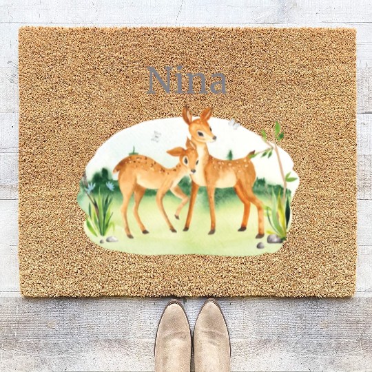 Forest Animal Deer Flowers Name Nina Coir Doormats
