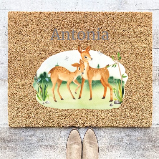 Forest Animal Deer Flowers Name Antonia Coir Doormats