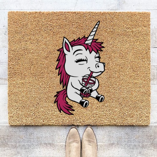 Boba tea drinking unicorn Coir Doormats