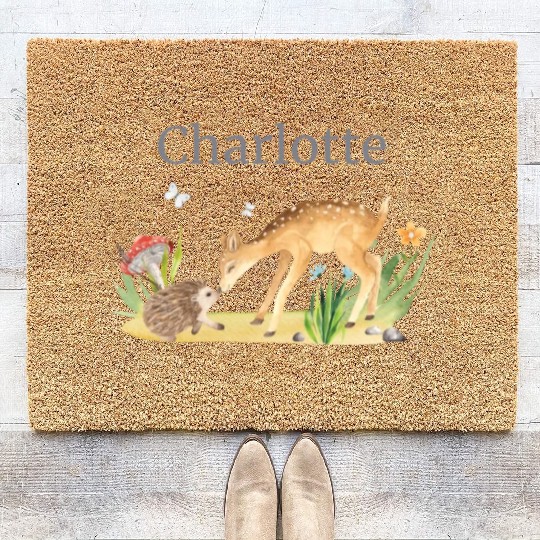 Forest Animal Deer Hedgehog Flowers Name Charlotte Coir Doormats