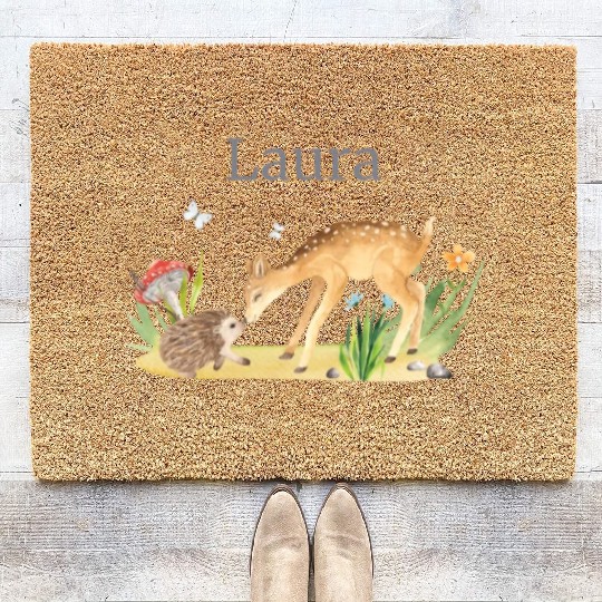 Forest Animal Deer Hedgehog Flowers Name Laura Coir Doormats