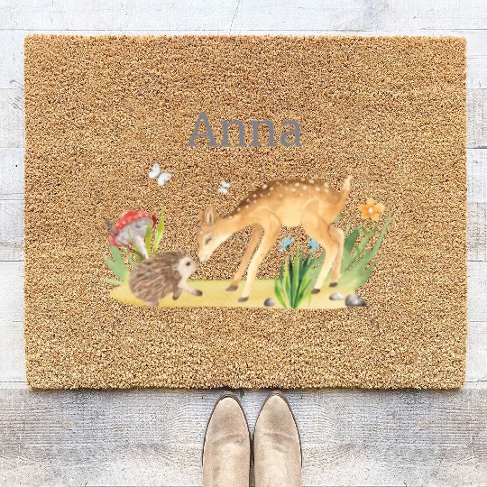 Forest Animal Deer Hedgehog Flowers Name Anna Coir Doormats