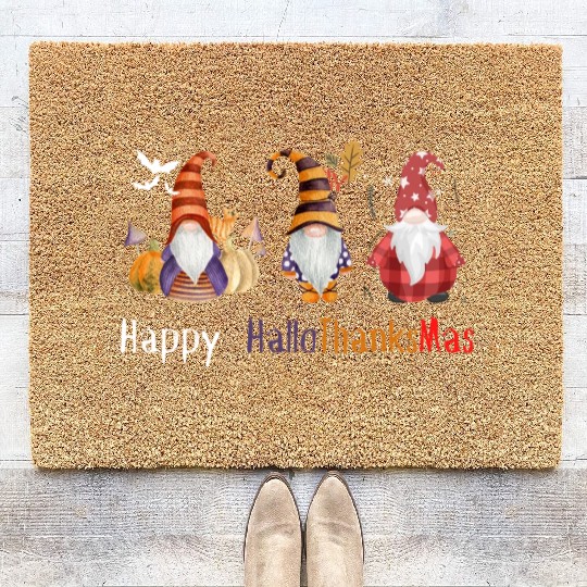 happy hallo thanksmas Thanksgiving gnome Funny Coir Doormats