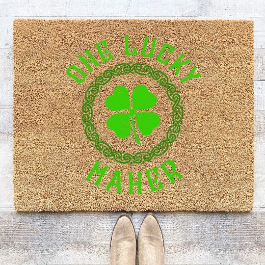 One Lucky Maher Irish Family Four Leaf Clover Coir Doormats