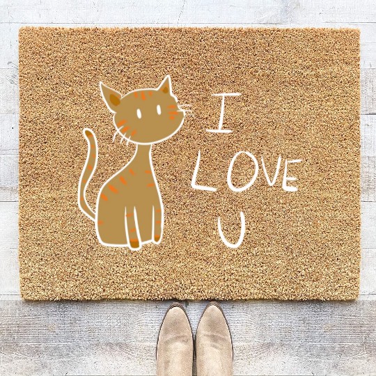 brown cat i love you Coir Doormats