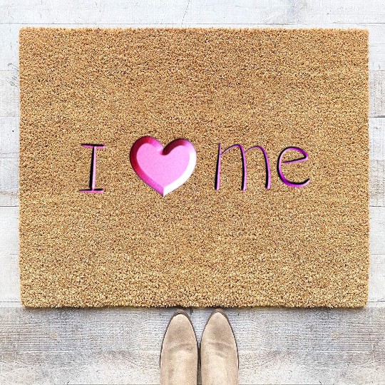 i love me lettering pink Coir Doormats