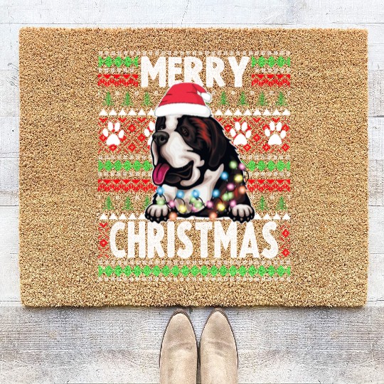 Saint Bernard Christmas Lights Dog Lovers Xmas Paj Coir Doormats
