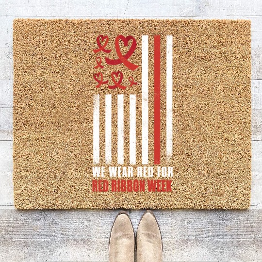 Red Flag Ribbon Heart Week Awareness Wear Red Coir Doormats