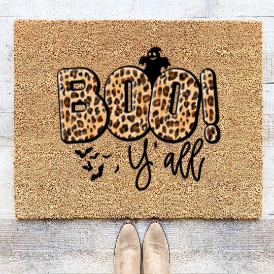 Boho Boo Y'all Halloween Leaopard Print Coir Doormats
