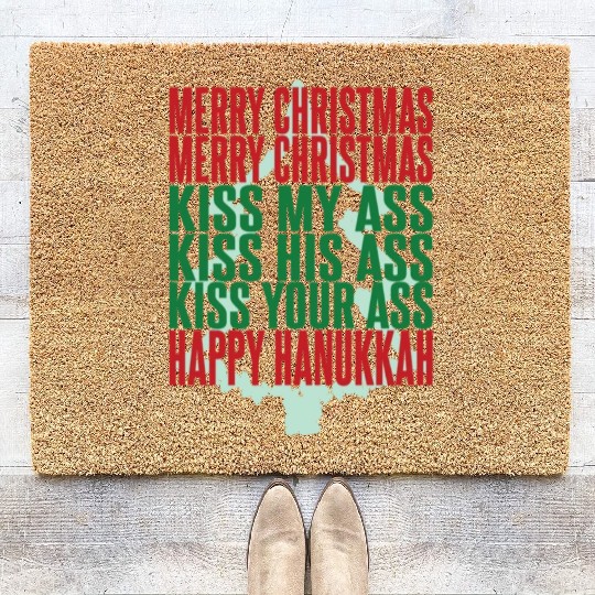 Merry Christmas Kiss My Ass Funny Hanukkah Tree Coir Doormats