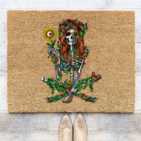 Skeleton Hippie Psychedelic Sunflower Nature Flora Coir Doormats