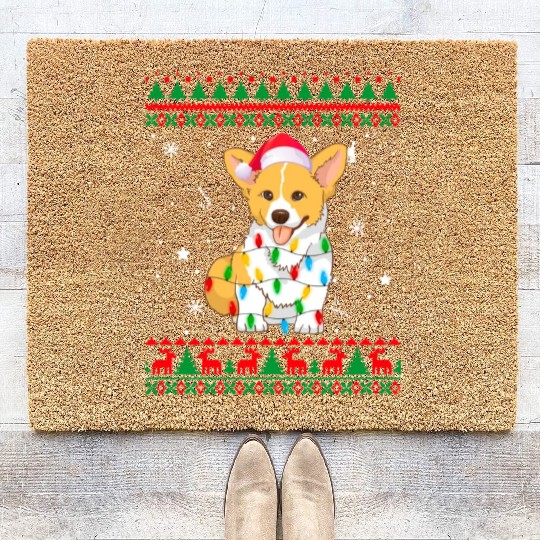 Xmas Ugly Sweater Christmas Lights Corgi Dog Lover Coir Doormats