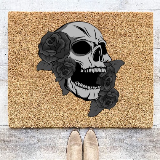 Black Skull Roses Aesthetic Goth Gothic Coir Doormats