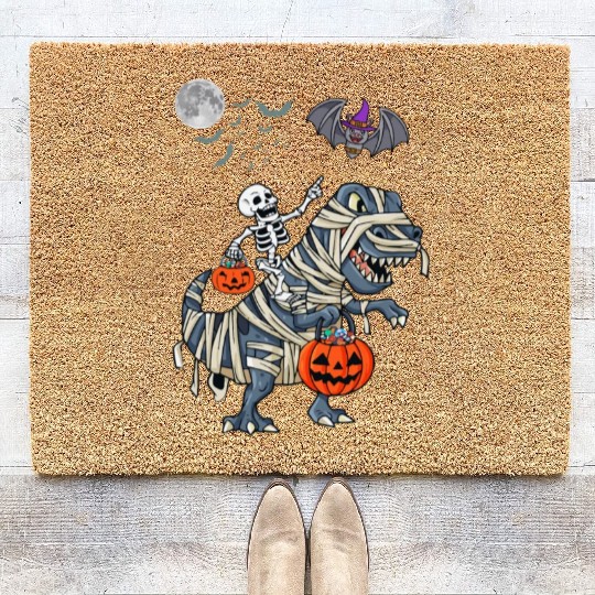Funny Skeleton Riding Mummy dinosaur Halloween Coir Doormats