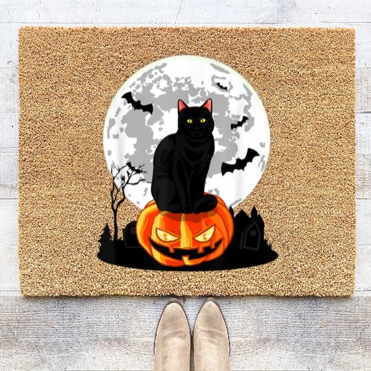 Black Cat On Pumpkin Coir Doormats Full Moon Halloween