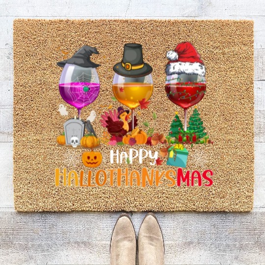 Wine Glasses Witch Santa hat Happy Hallothanksmas Coir Doormats