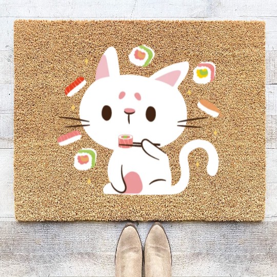 Kawaii Cat Eating Sushi Japanese Raw Food Coir Doormats