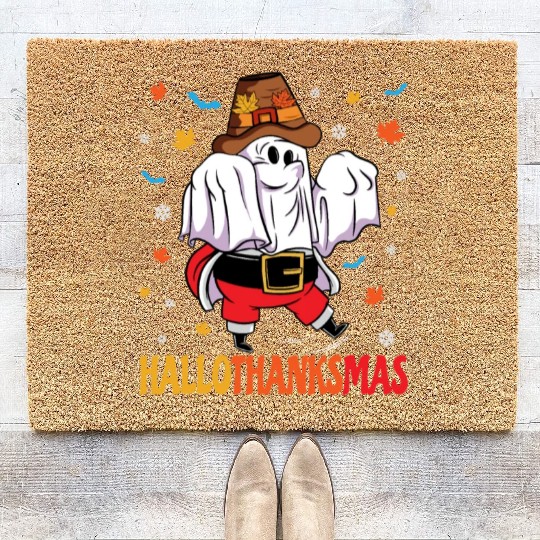 Happy Hallothanksmas Halloween Thanksgiving Santa Coir Doormats