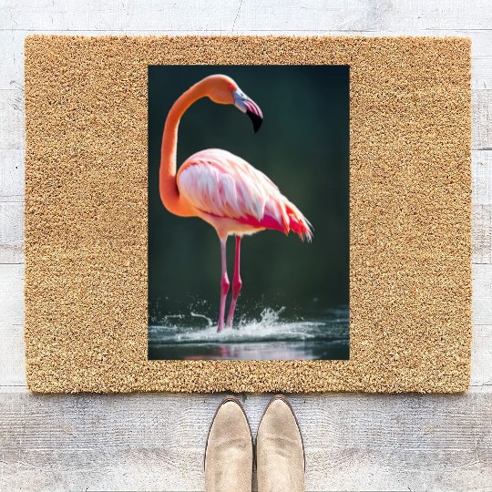 Flamingo in a lake with water splashes Coir Doormats