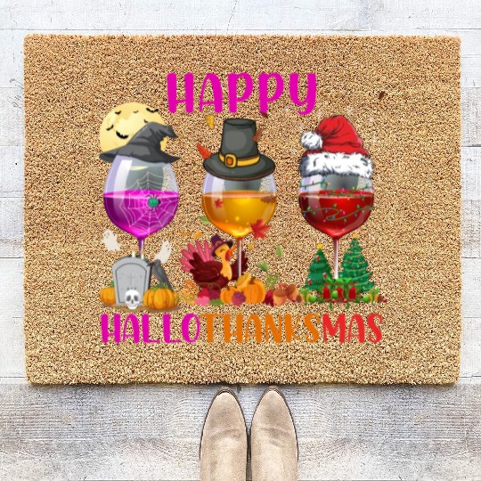 Happy Hallothanksmas Wine Lover Halloween Thankful Coir Doormats