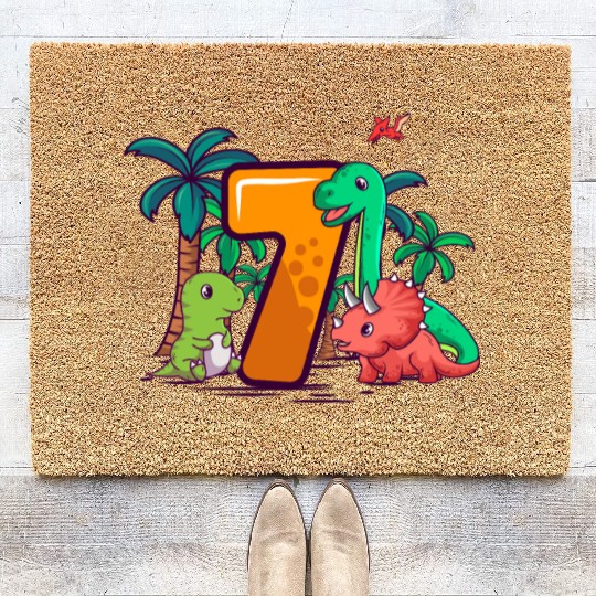 7th Birthday Trex Triceratops Dinosaur 7 Year Coir Doormats