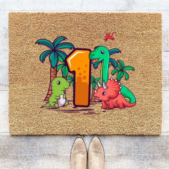 1st Birthday T-Rex Triceratops Dinosaur 1 Year Coir Doormats